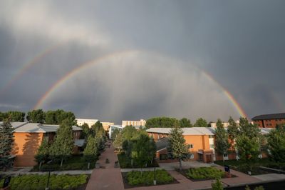 A double rainbow gracing a very green and vibrant NAU campus in Flagstaff.