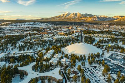 The beautiful NAU Flagstaff campus covered in snow and sunshine.