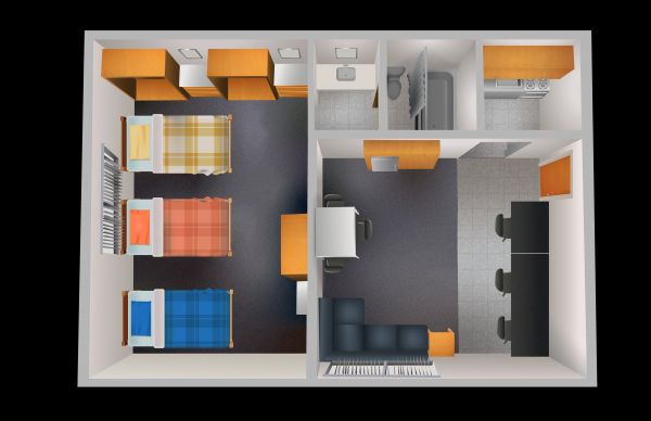 3D top view rendering of a McDonald apartment for 3 students including bedroom, kitchen, bathroom, and living area. 